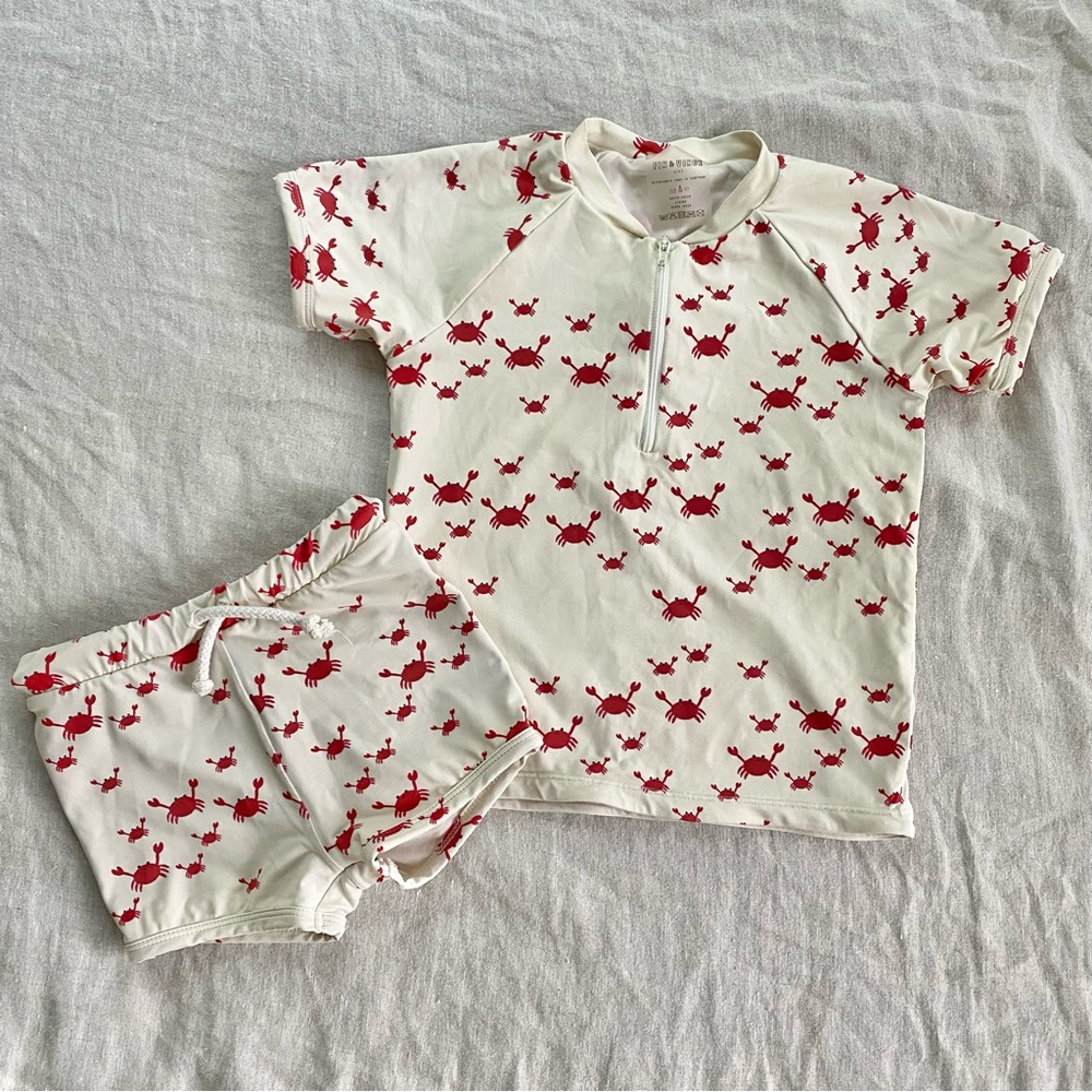 Fin & Vince Kids Crab Print Swim Set Bathing Suit Rash Guard Shorts Size 4/5